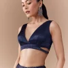 Navy Blue Chinon Embroidered Border Saree with Blouse Fabric