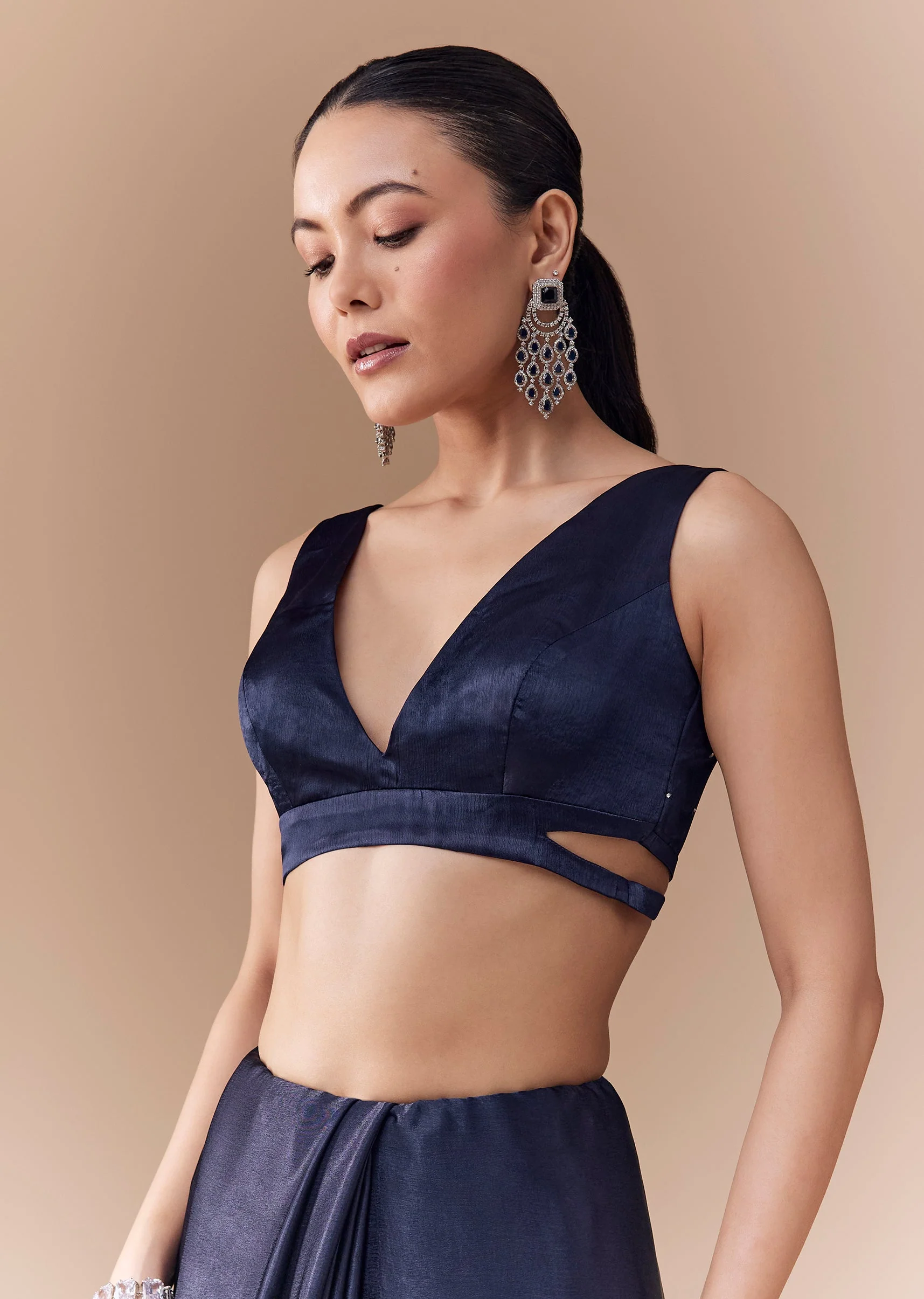 Navy Blue Chinon Embroidered Border Saree with Blouse Fabric