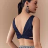 Navy Blue Chinon Embroidered Border Saree with Blouse Fabric