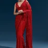 Red Heavy Embroidered Net Saree With Cutwork Border And All Over Floral Jaal