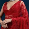 Red Heavy Embroidered Net Saree With Cutwork Border And All Over Floral Jaal