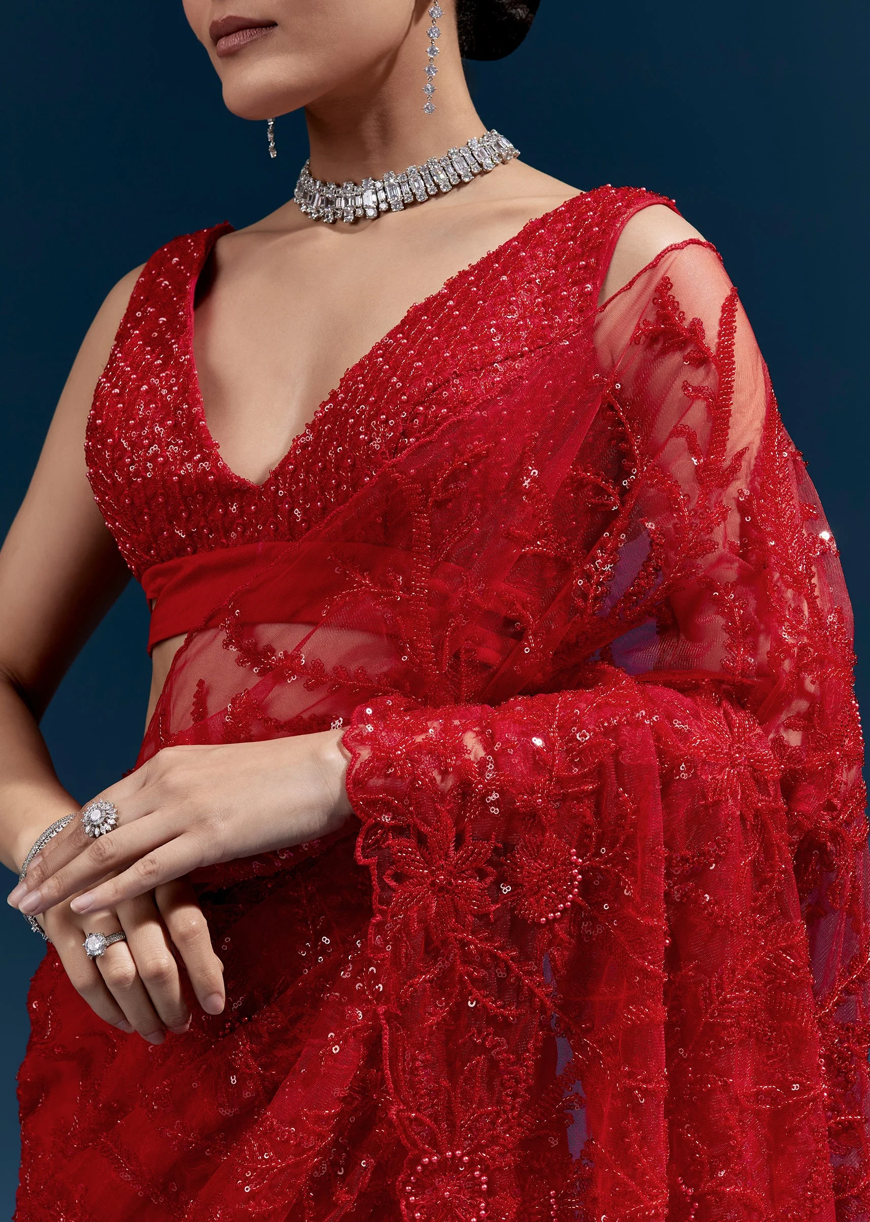 Red Heavy Embroidered Net Saree With Cutwork Border And All Over Floral Jaal
