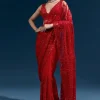 Red Heavy Embroidered Net Saree With Cutwork Border And All Over Floral Jaal