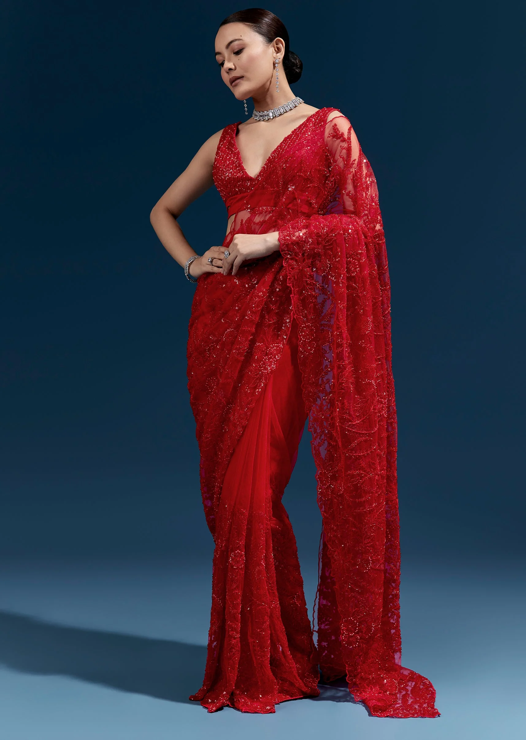 Red Heavy Embroidered Net Saree With Cutwork Border And All Over Floral Jaal