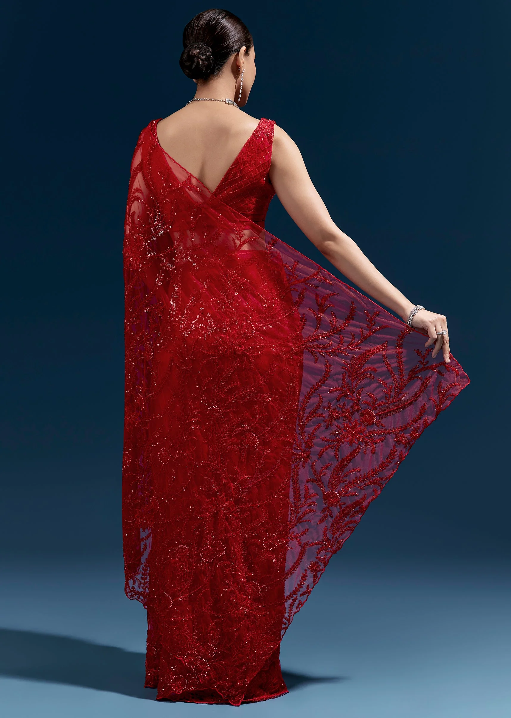 Red Heavy Embroidered Net Saree With Cutwork Border And All Over Floral Jaal