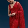 Red Heavy Embroidered Net Saree With Cutwork Border And All Over Floral Jaal