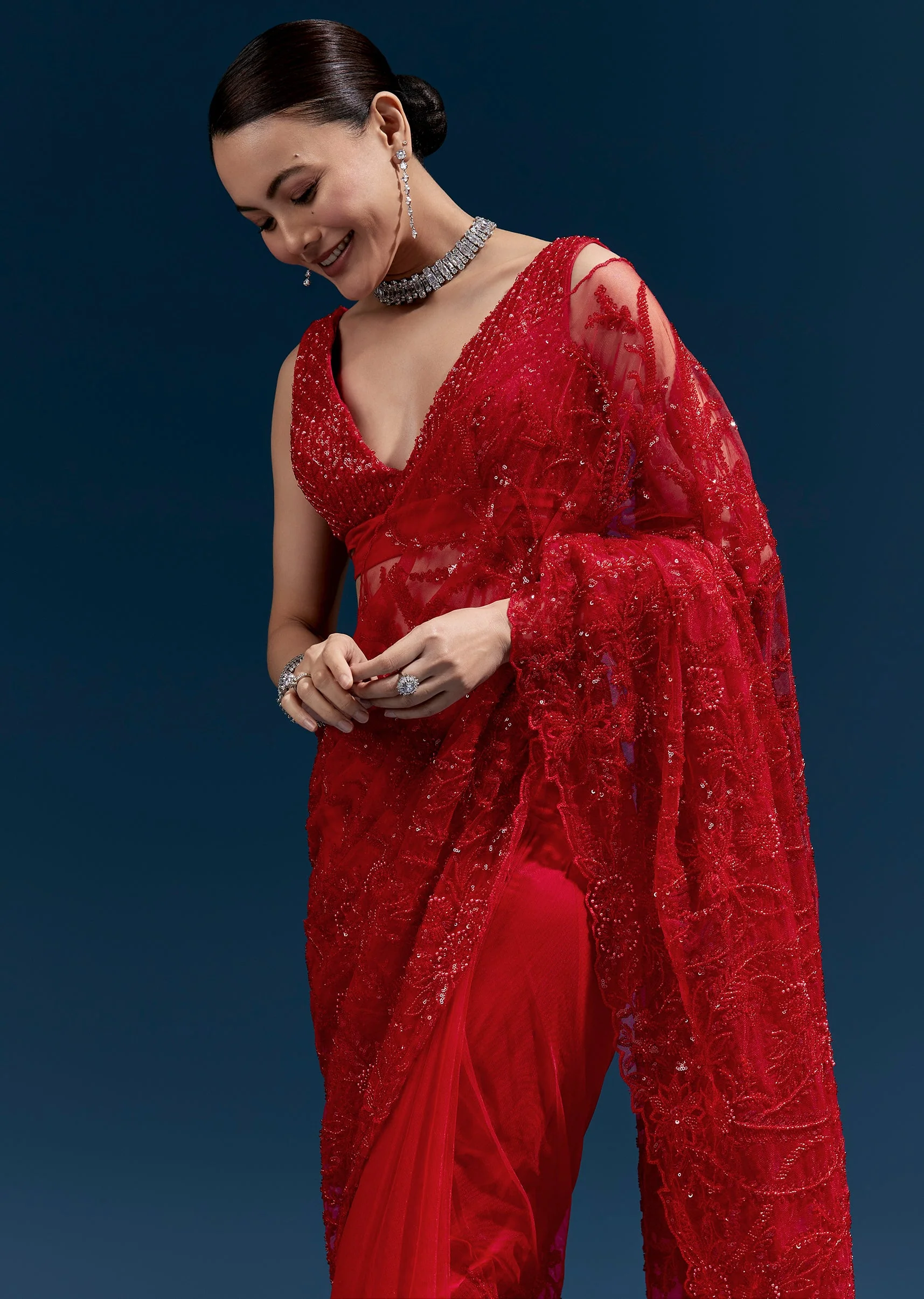 Red Heavy Embroidered Net Saree With Cutwork Border And All Over Floral Jaal