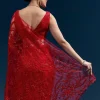Red Heavy Embroidered Net Saree With Cutwork Border And All Over Floral Jaal