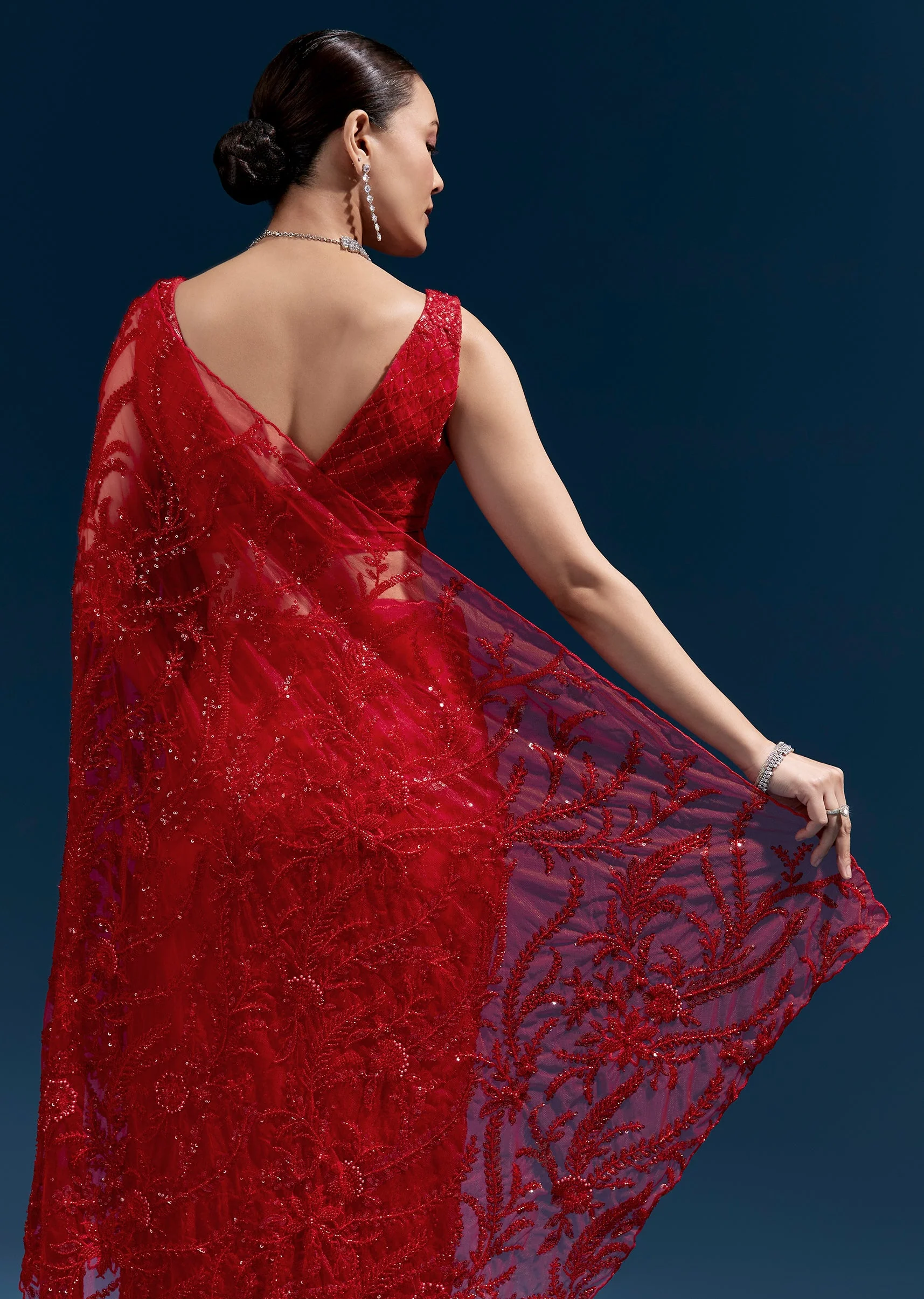 Red Heavy Embroidered Net Saree With Cutwork Border And All Over Floral Jaal