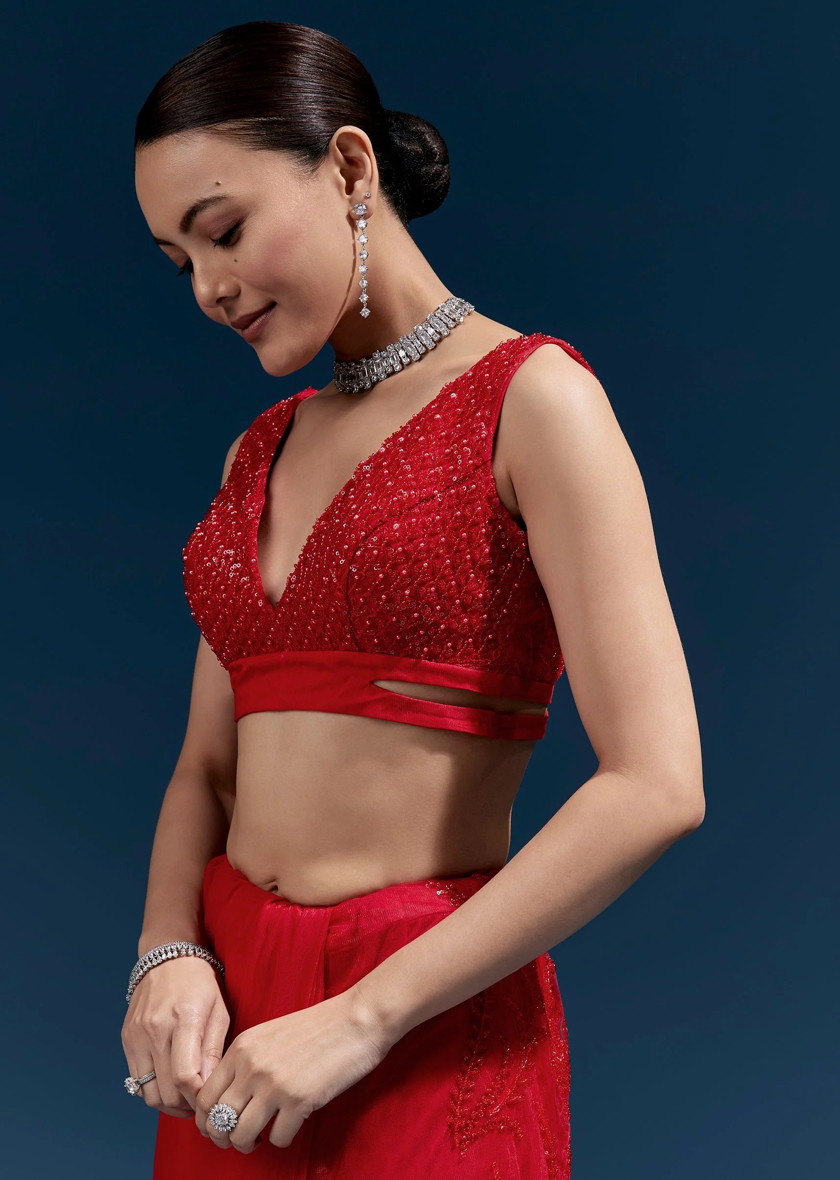 Red Heavy Embroidered Net Saree With Cutwork Border And All Over Floral Jaal