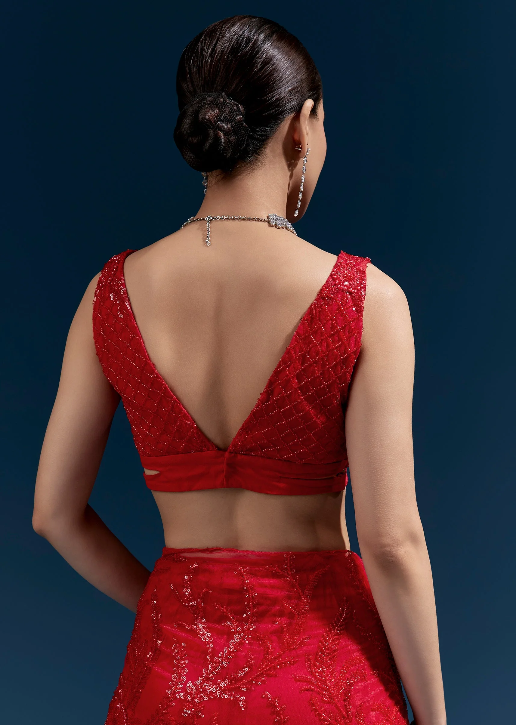 Red Heavy Embroidered Net Saree With Cutwork Border And All Over Floral Jaal