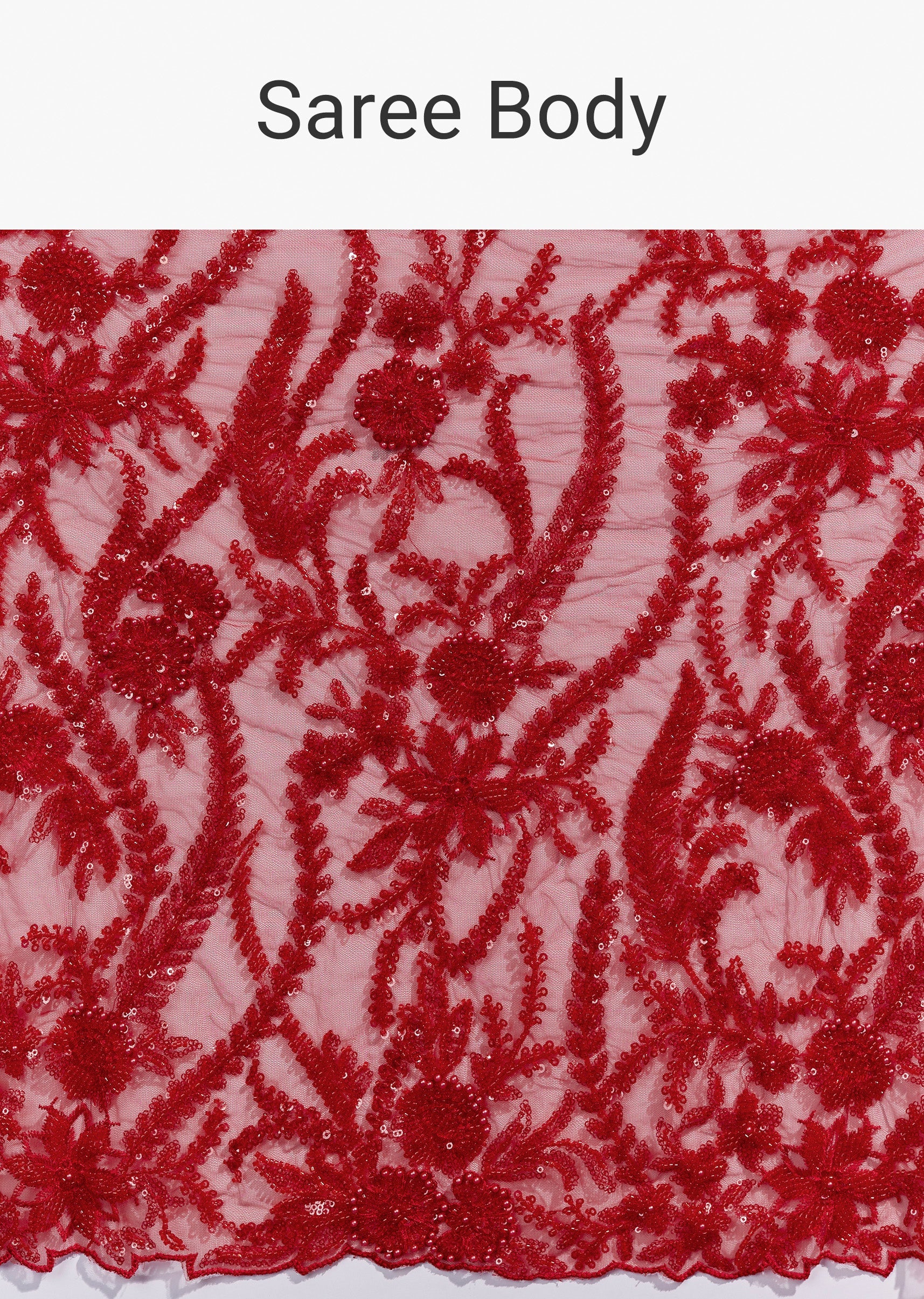 Red Heavy Embroidered Net Saree With Cutwork Border And All Over Floral Jaal