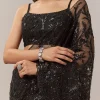 Black Net Saree With Floral Jaal Work And Cutwork Border
