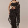 Black Net Saree With Floral Jaal Work And Cutwork Border