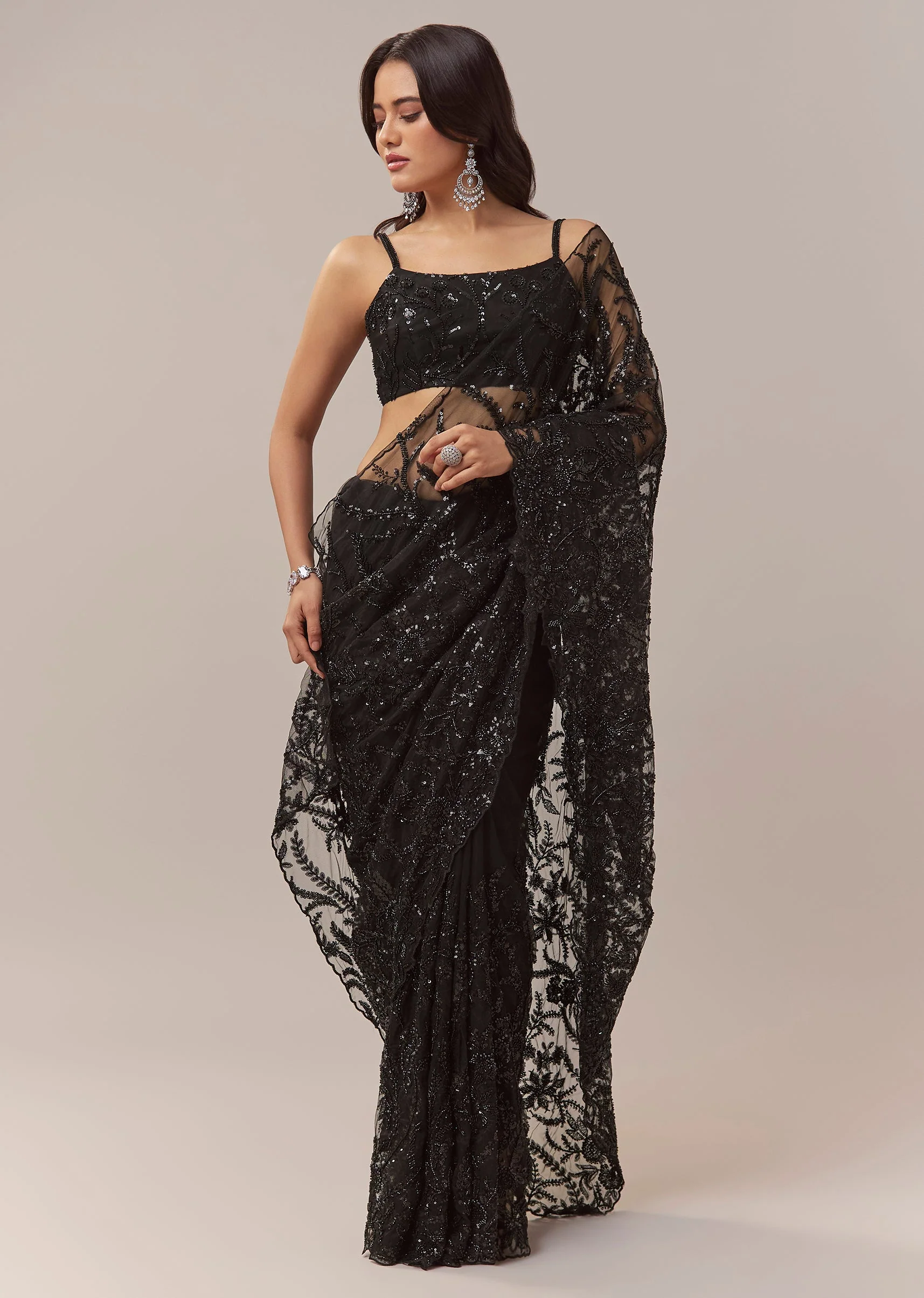 Black Net Saree With Floral Jaal Work And Cutwork Border