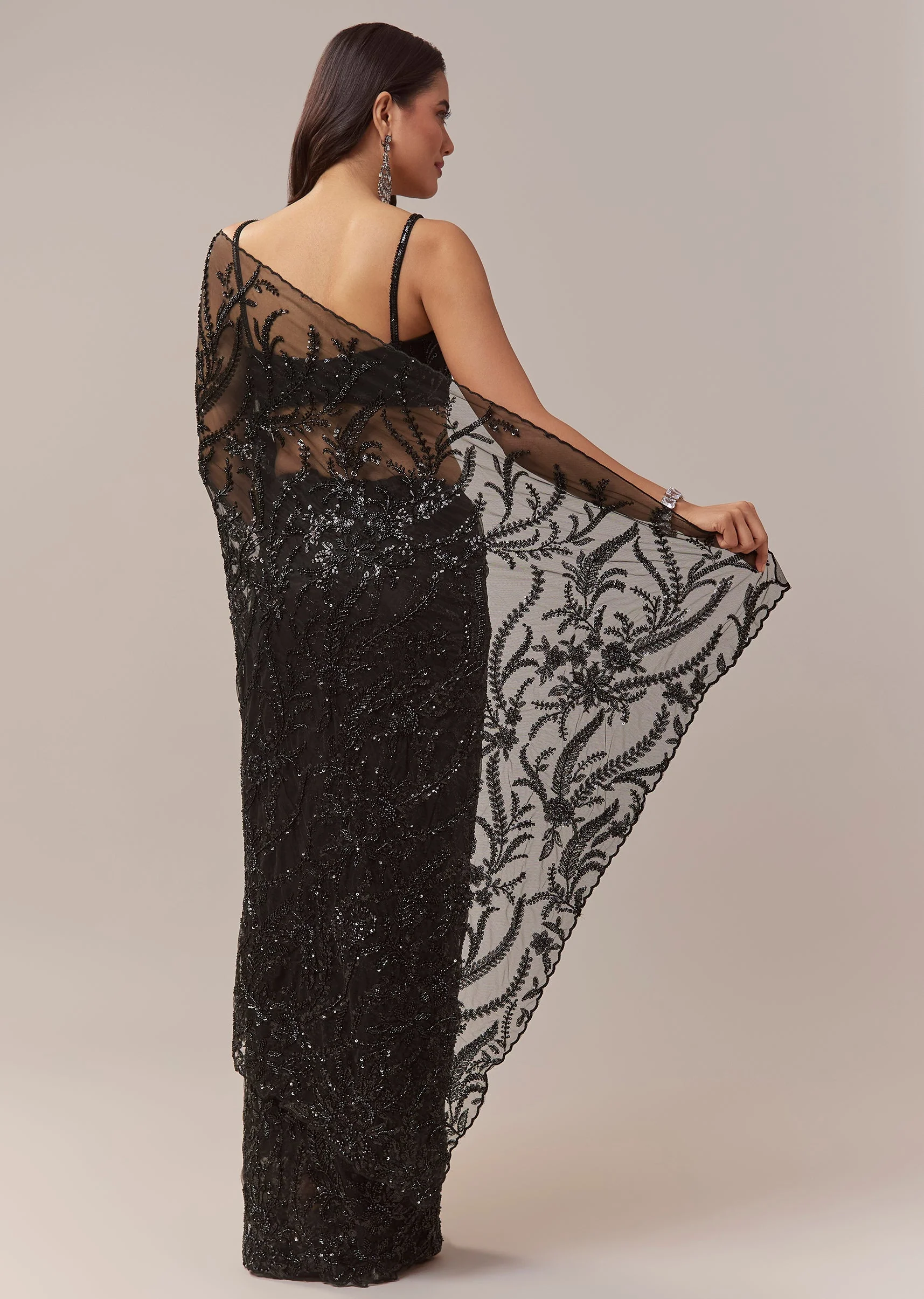 Black Net Saree With Floral Jaal Work And Cutwork Border
