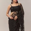 Black Net Saree With Floral Jaal Work And Cutwork Border