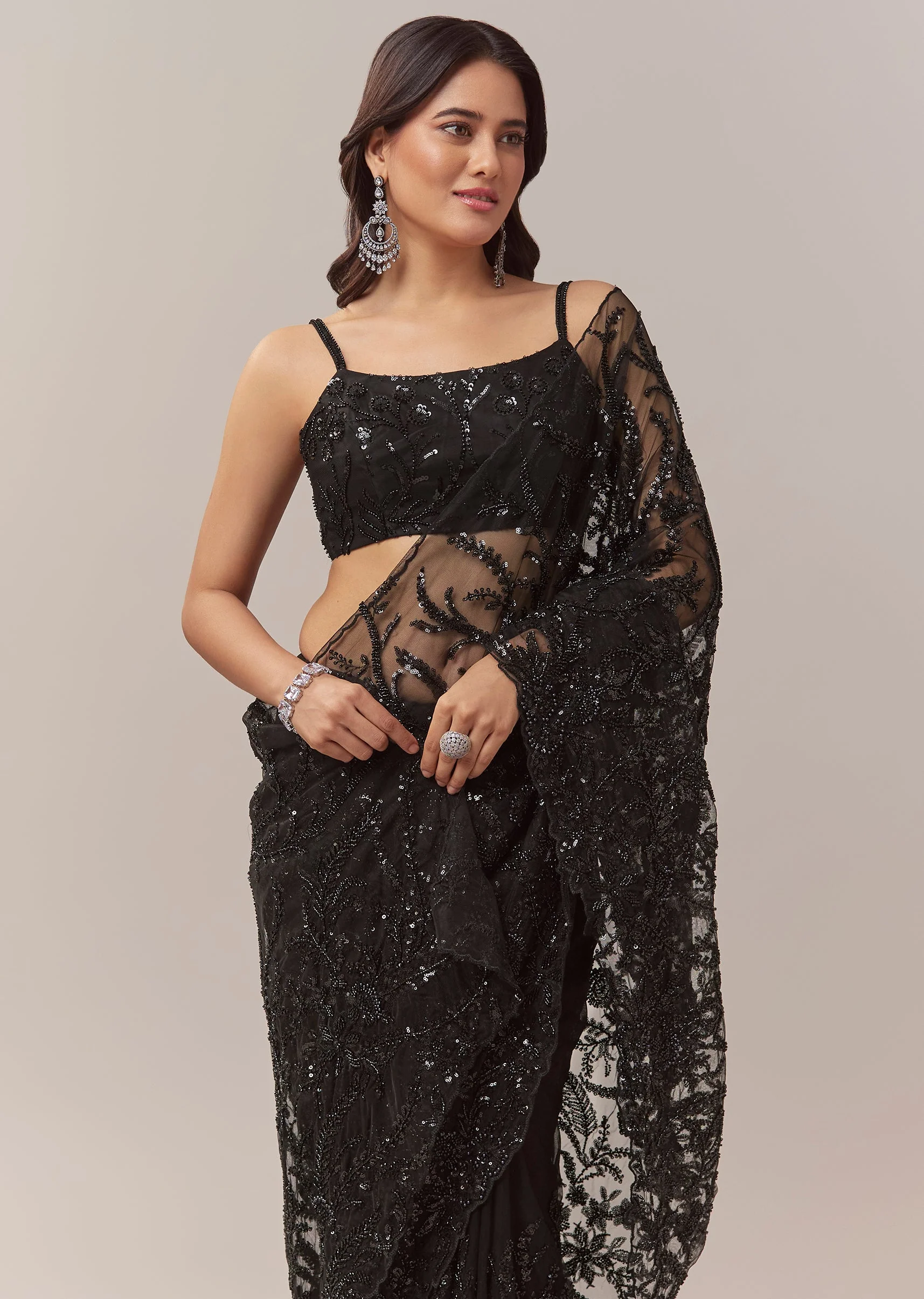 Black Net Saree With Floral Jaal Work And Cutwork Border