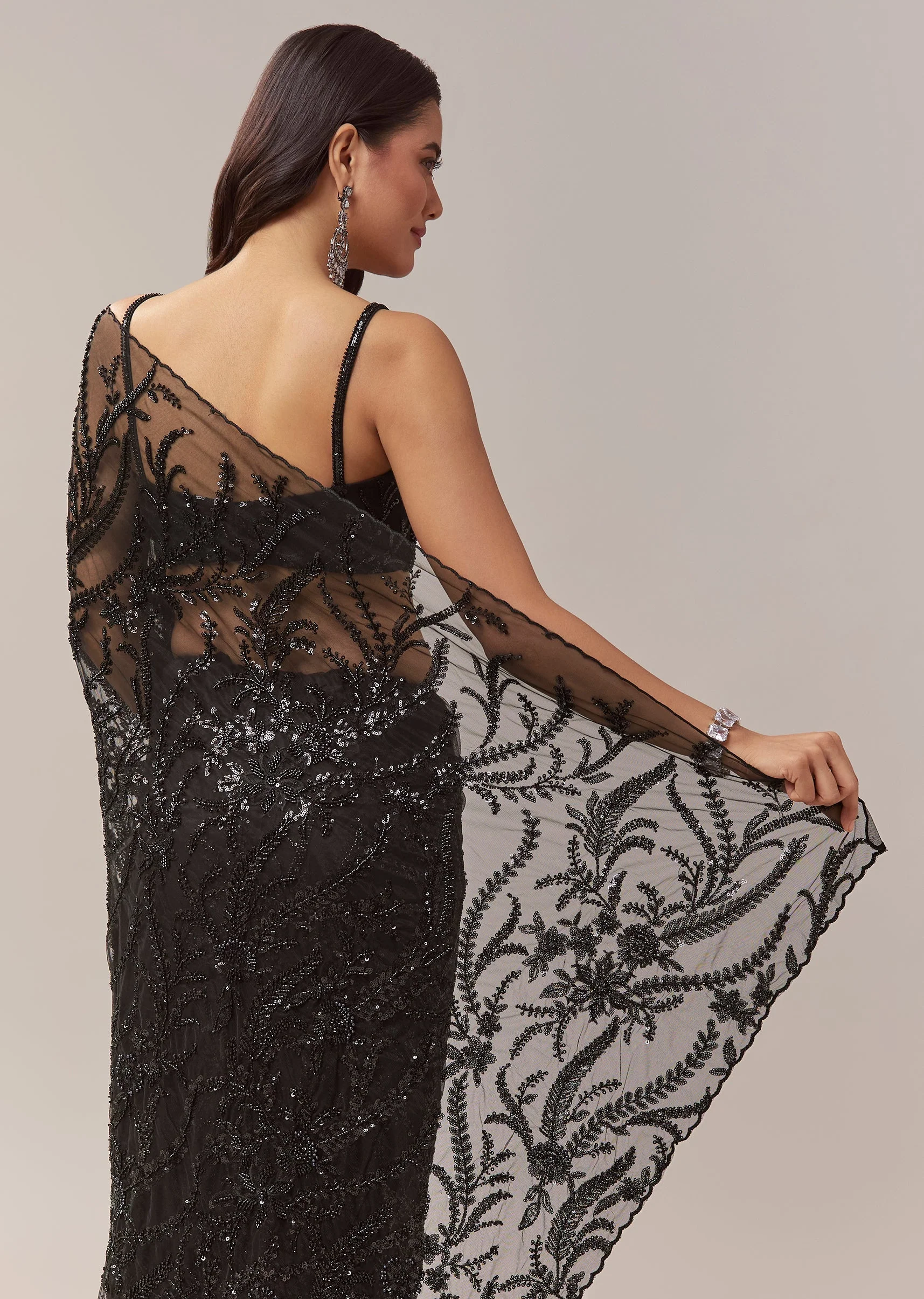 Black Net Saree With Floral Jaal Work And Cutwork Border