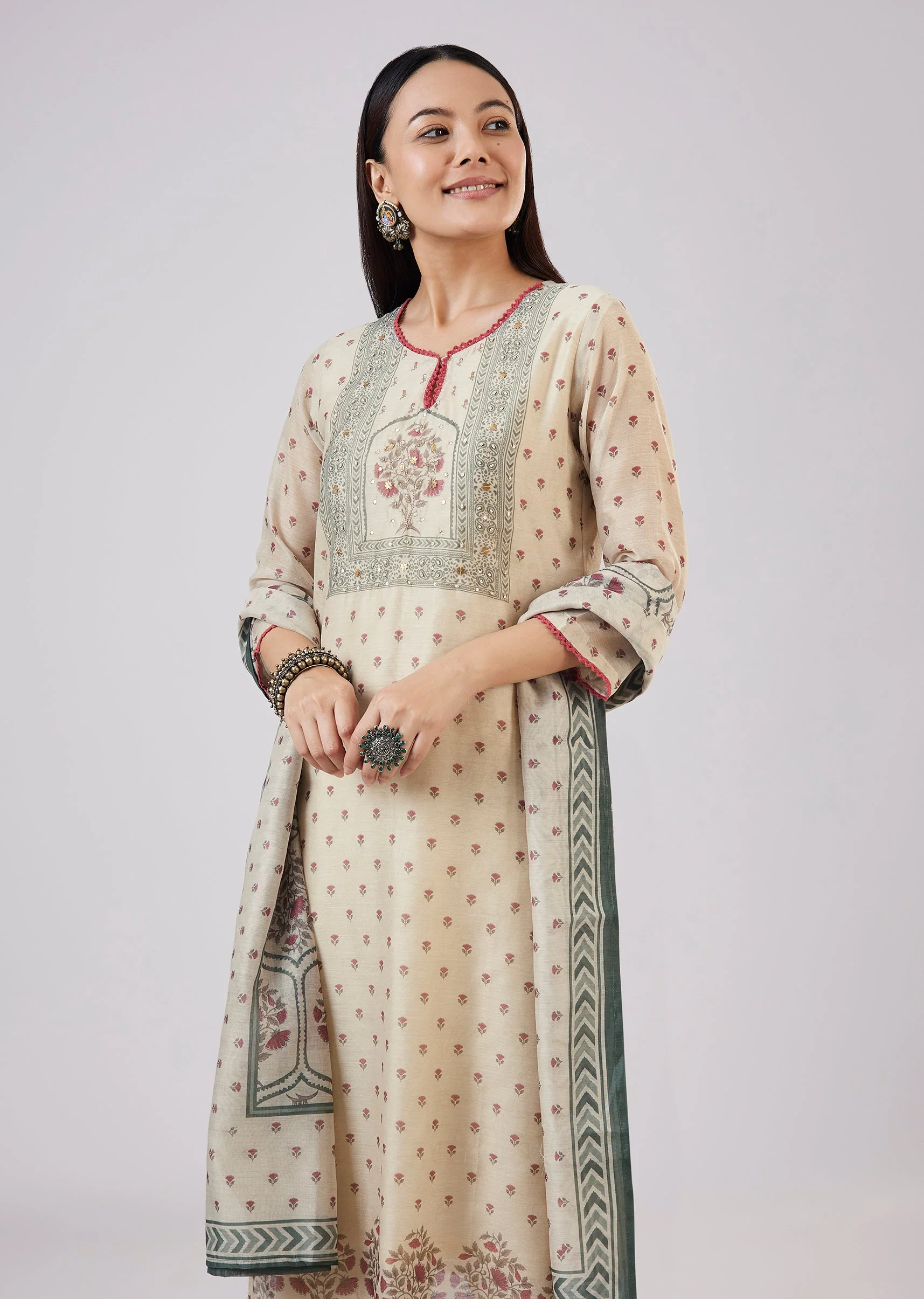 Maroon Chanderi Kurta Set with Zari And Mirror Work