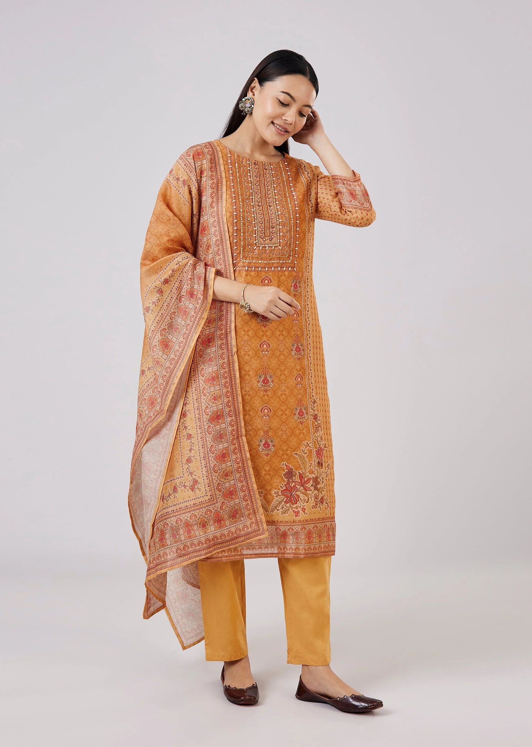 3148-orange-chanderi-kurta-set-with-sequins-work-1.webp Orange Chanderi Kurta Set With Sequins Work