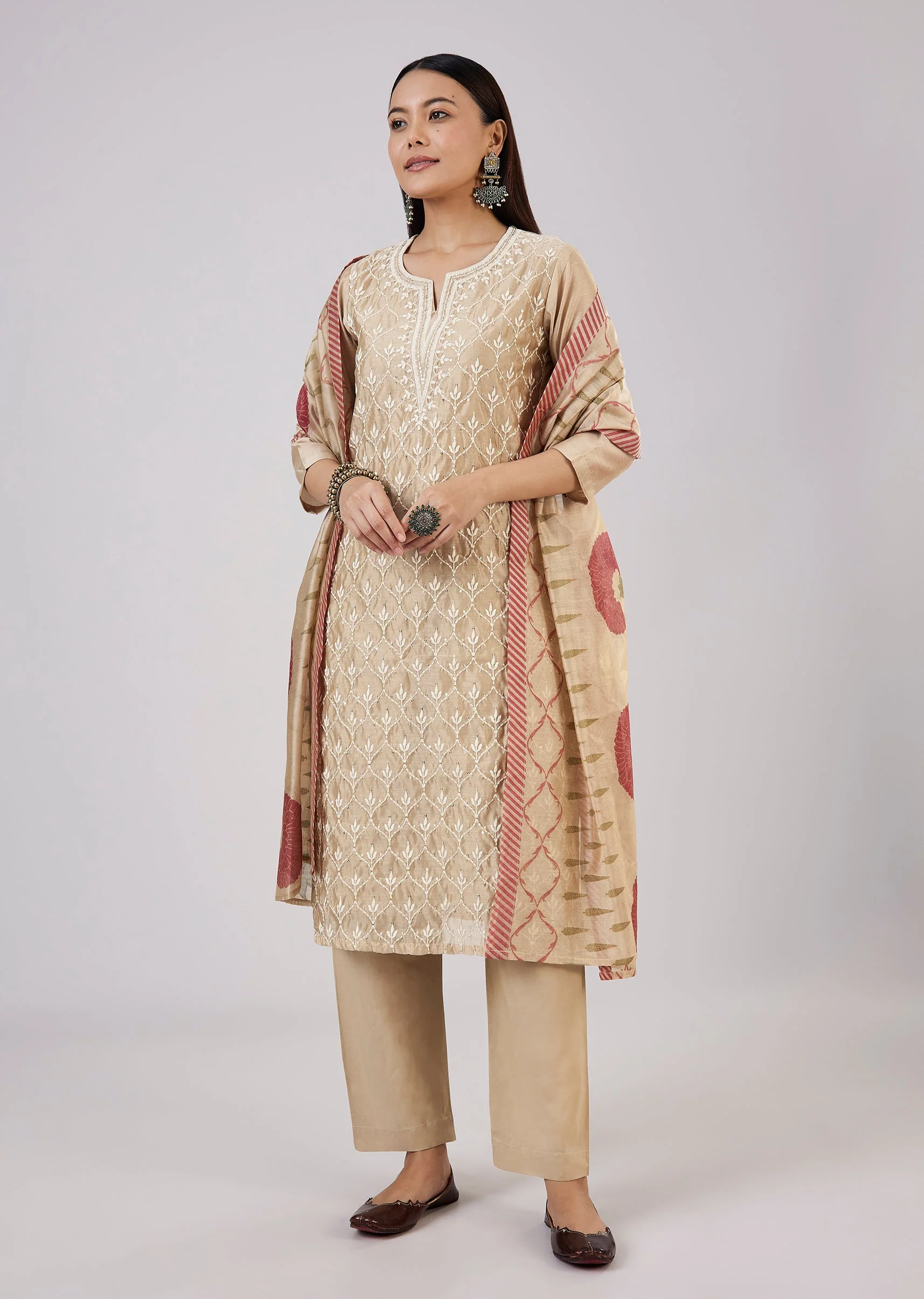 Beige Chanderi Kurta Set With Thread And Sequins Work