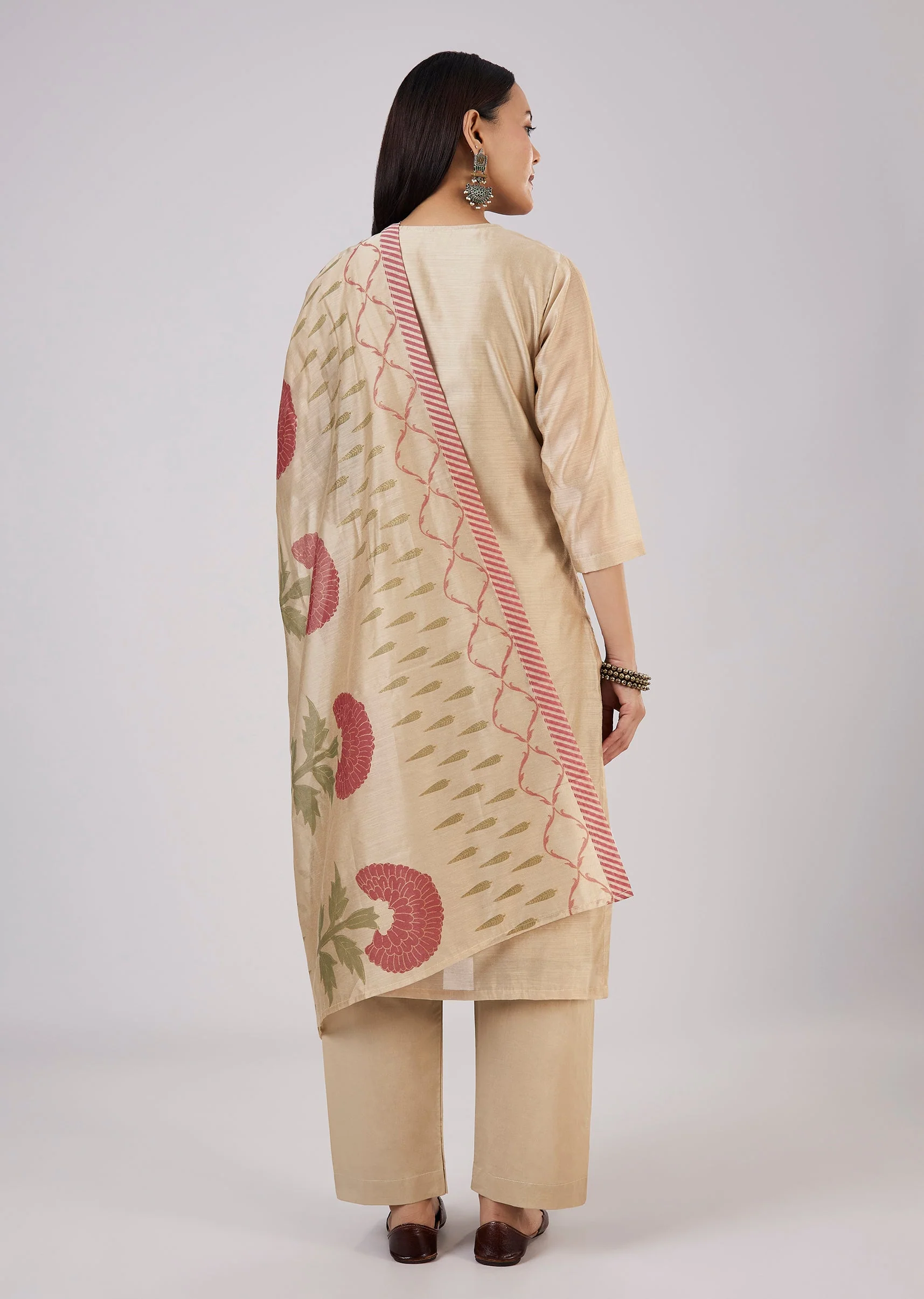 Beige Chanderi Kurta Set With Thread And Sequins Work
