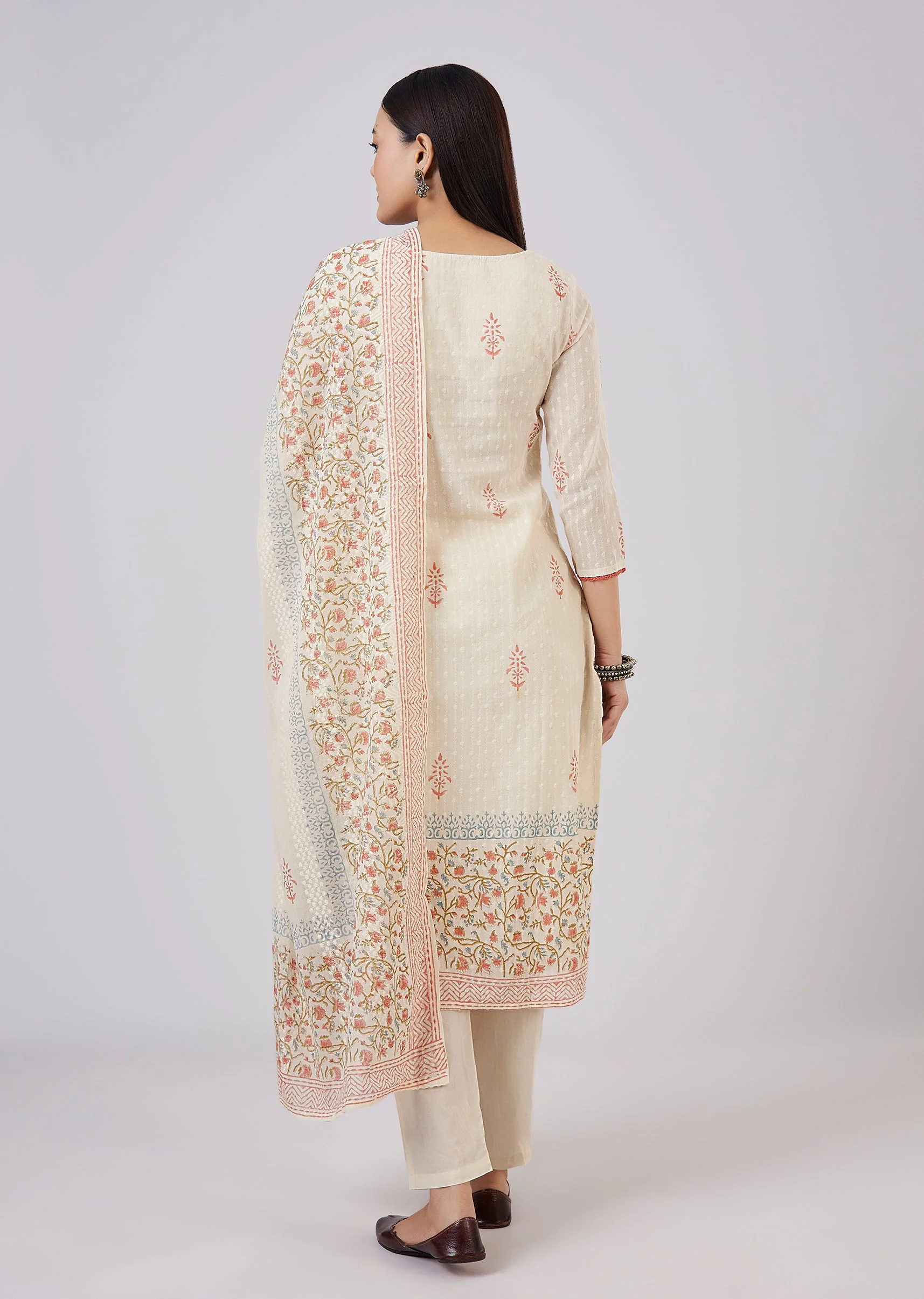 Ivory Cotton Kurta Set With Hand Block Print