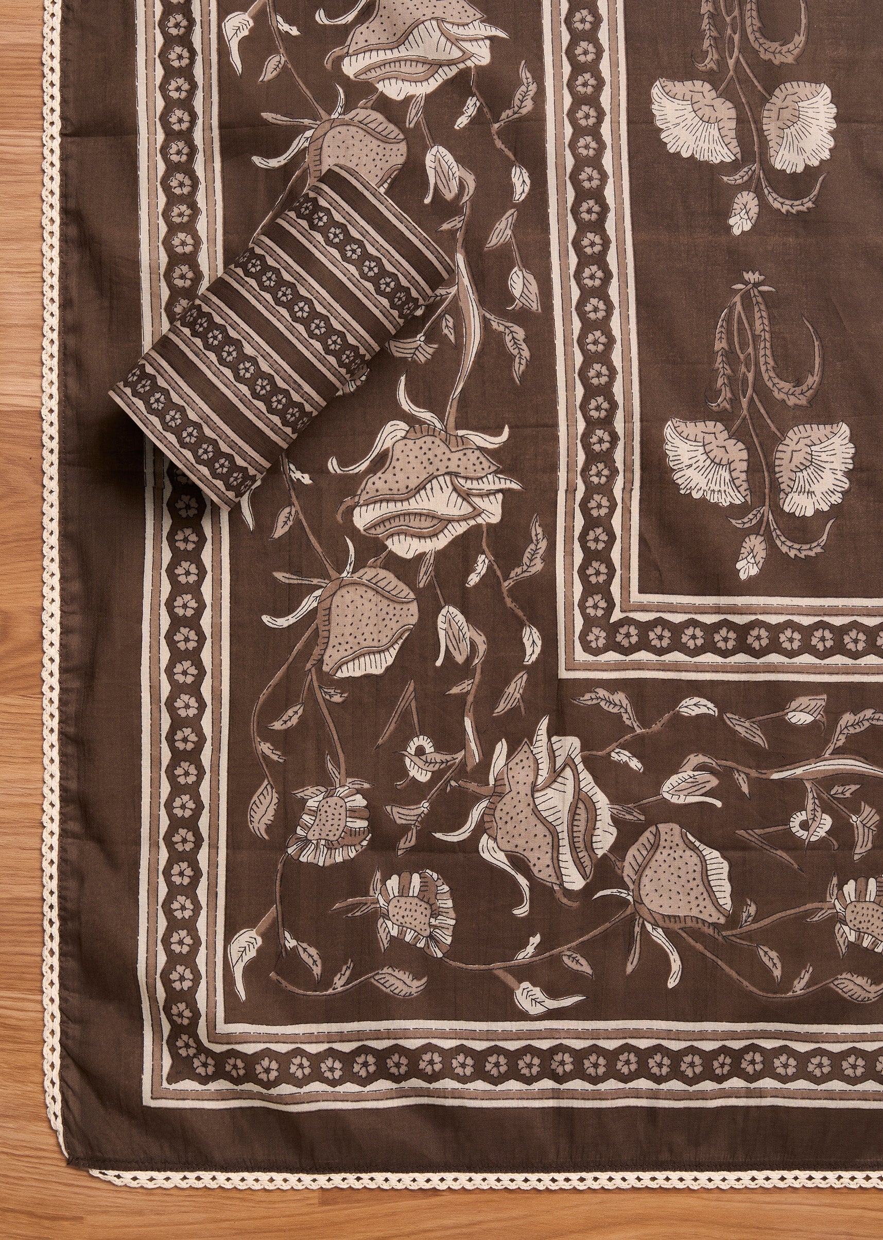 Brown Cotton Printed Unstitched Suit Set