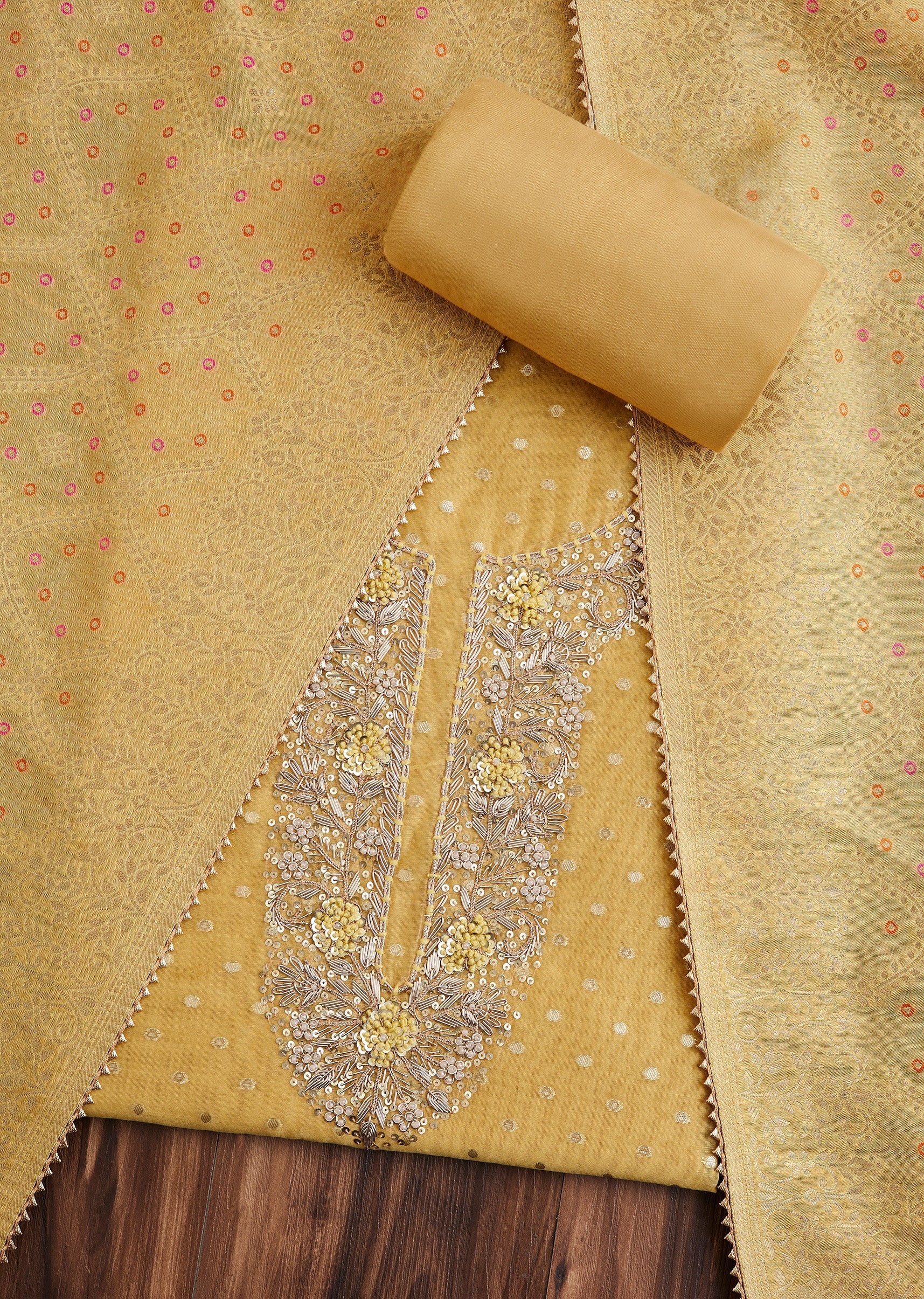 3183-yellow-mustard-chanderi-unstitched-suit-1.jpg Yellow Mustard Chanderi Unstitched Suit