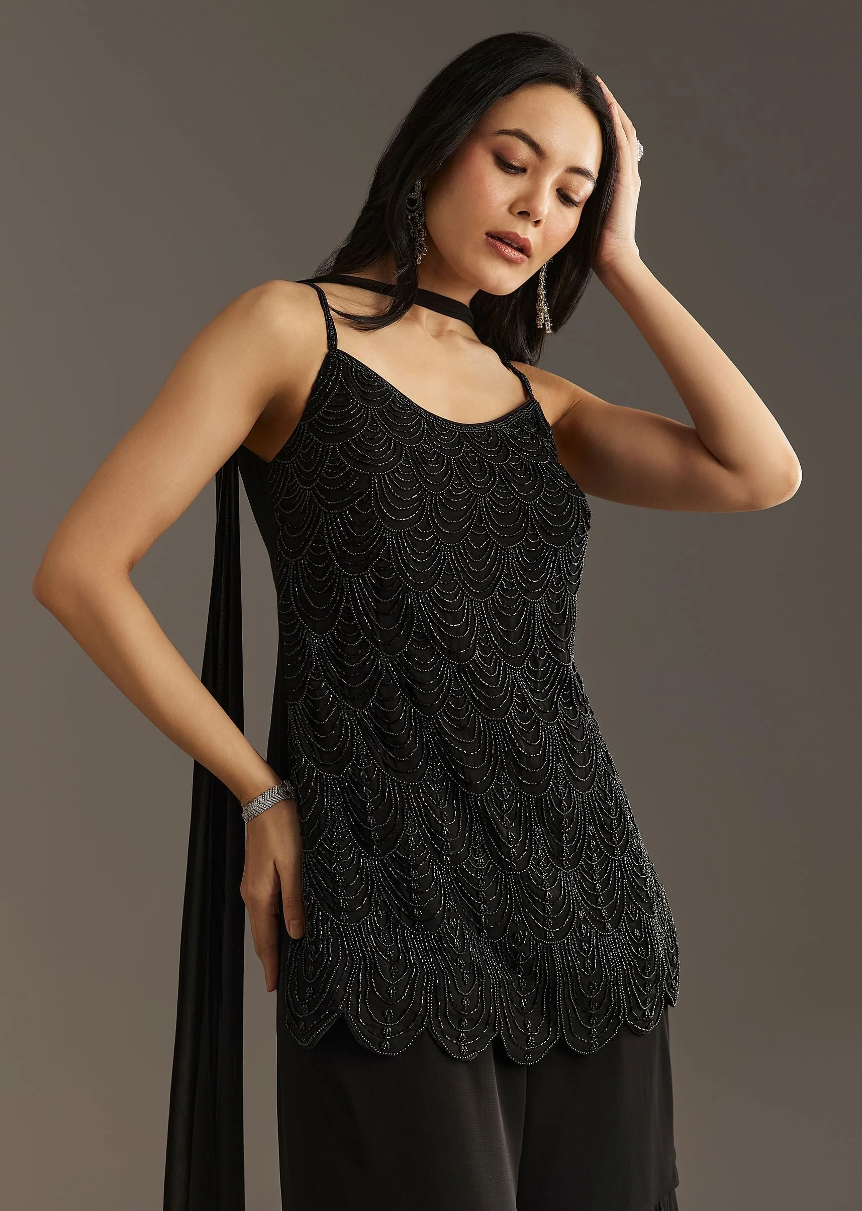 Black Georgette Kurta With Cut Dana And Moti Work And Tassel Dupatta