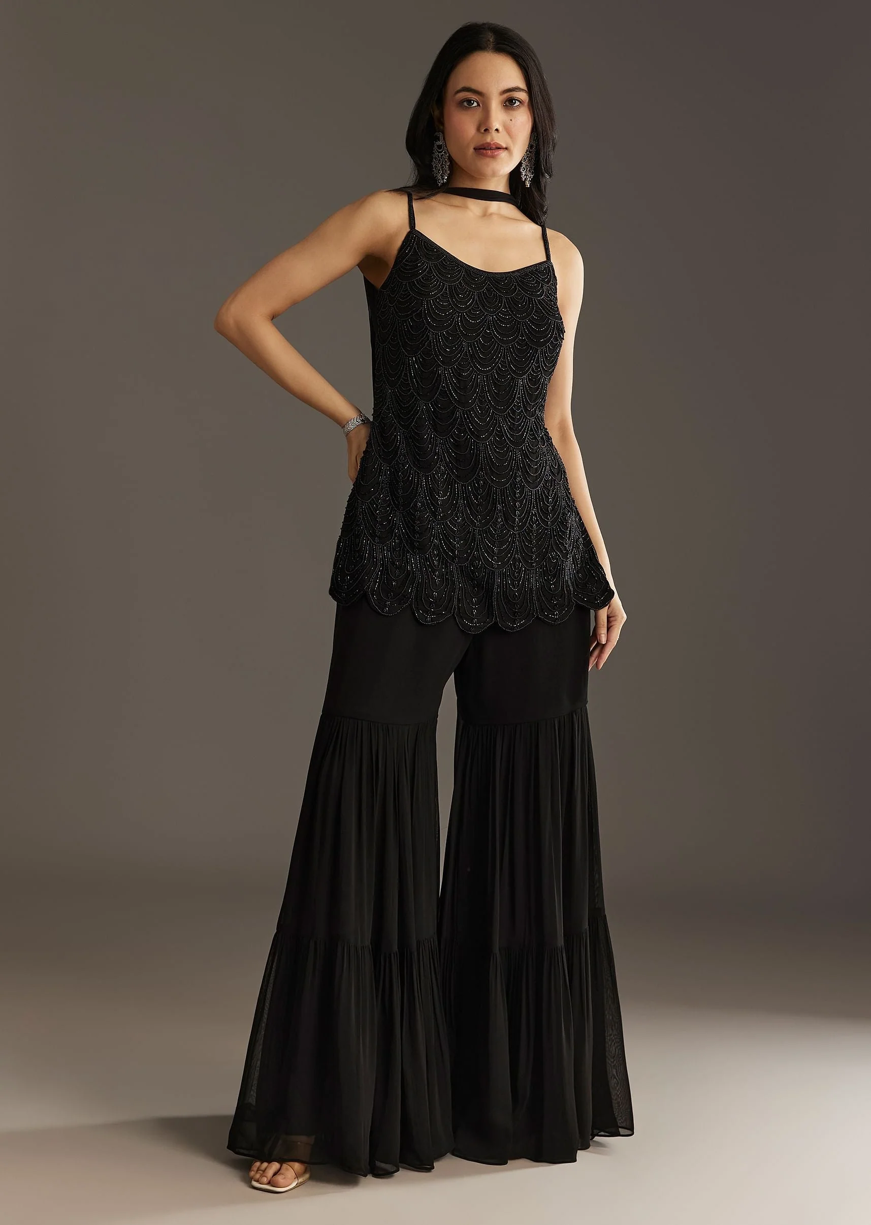 Black Georgette Kurta With Cut Dana And Moti Work And Tassel Dupatta