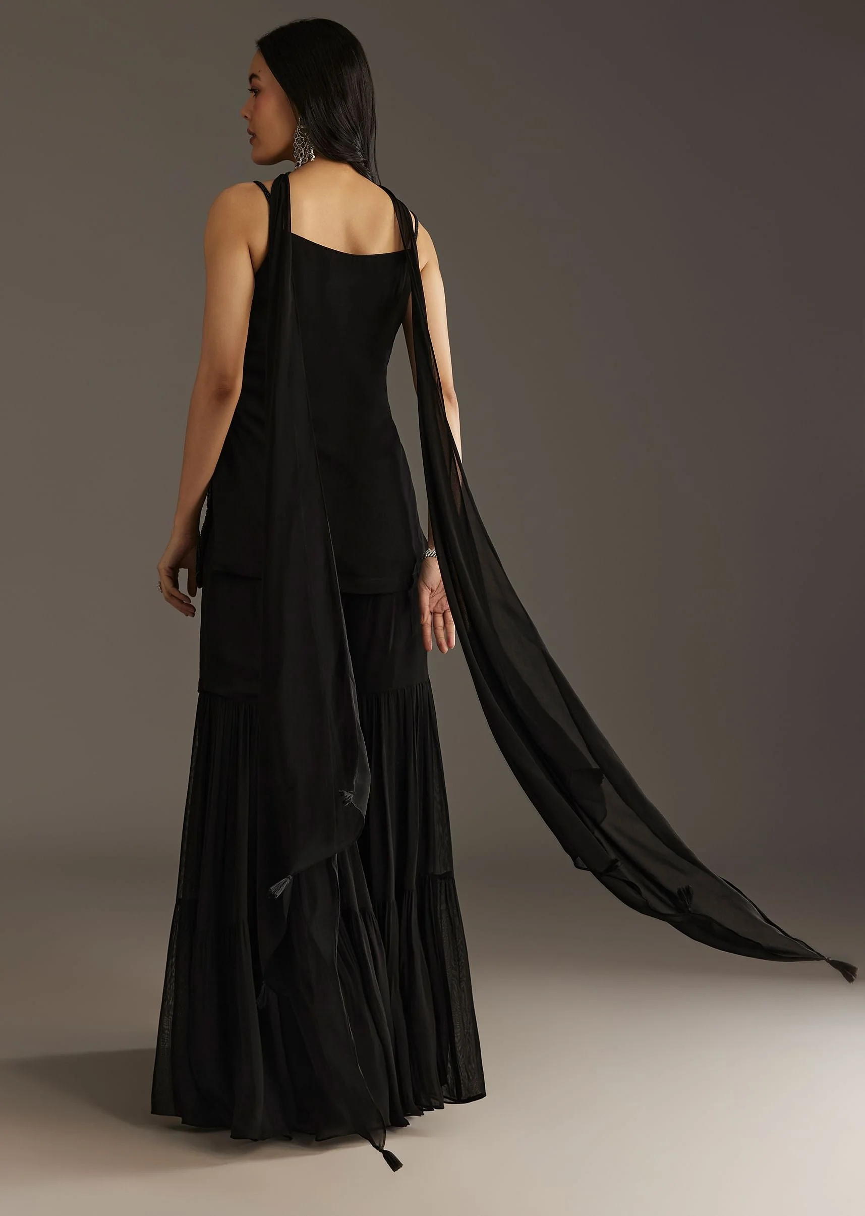 Black Georgette Kurta With Cut Dana And Moti Work And Tassel Dupatta