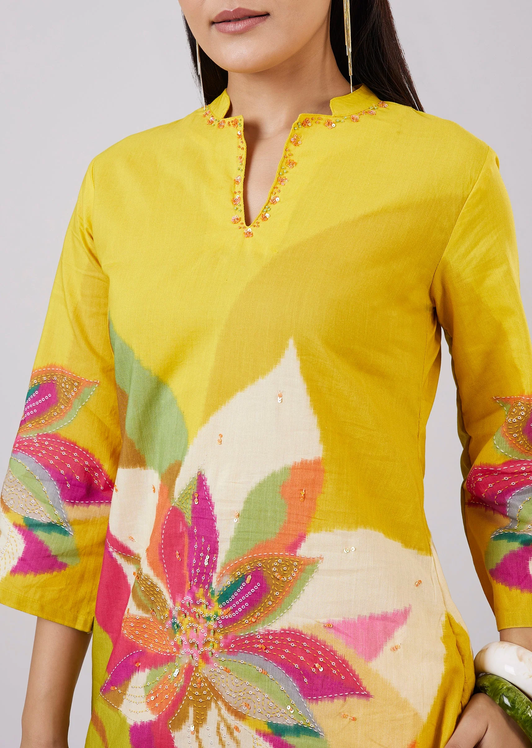 Yellow Cotton Coord Set With Hand Painted Work