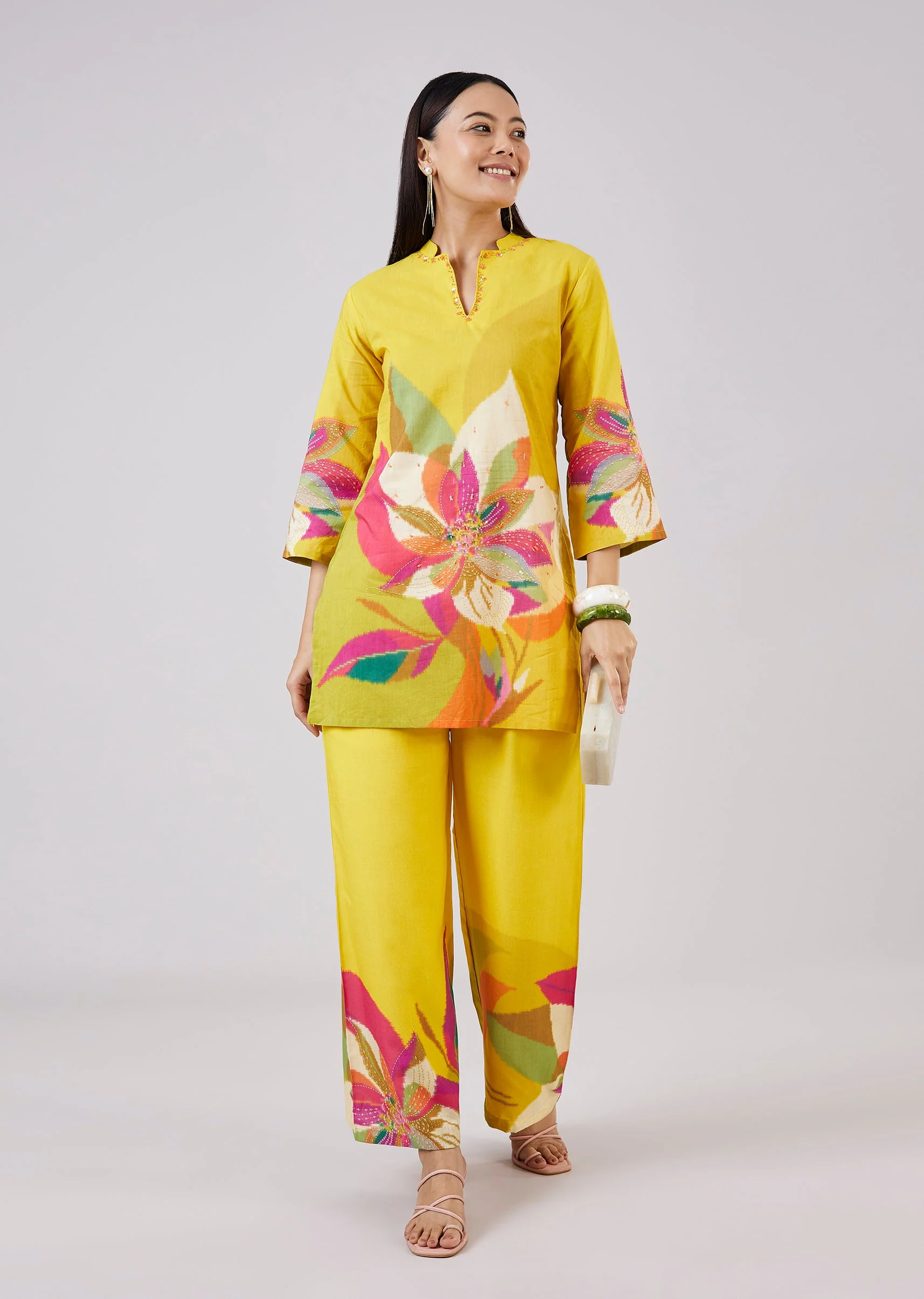 Yellow Cotton Coord Set With Hand Painted Work