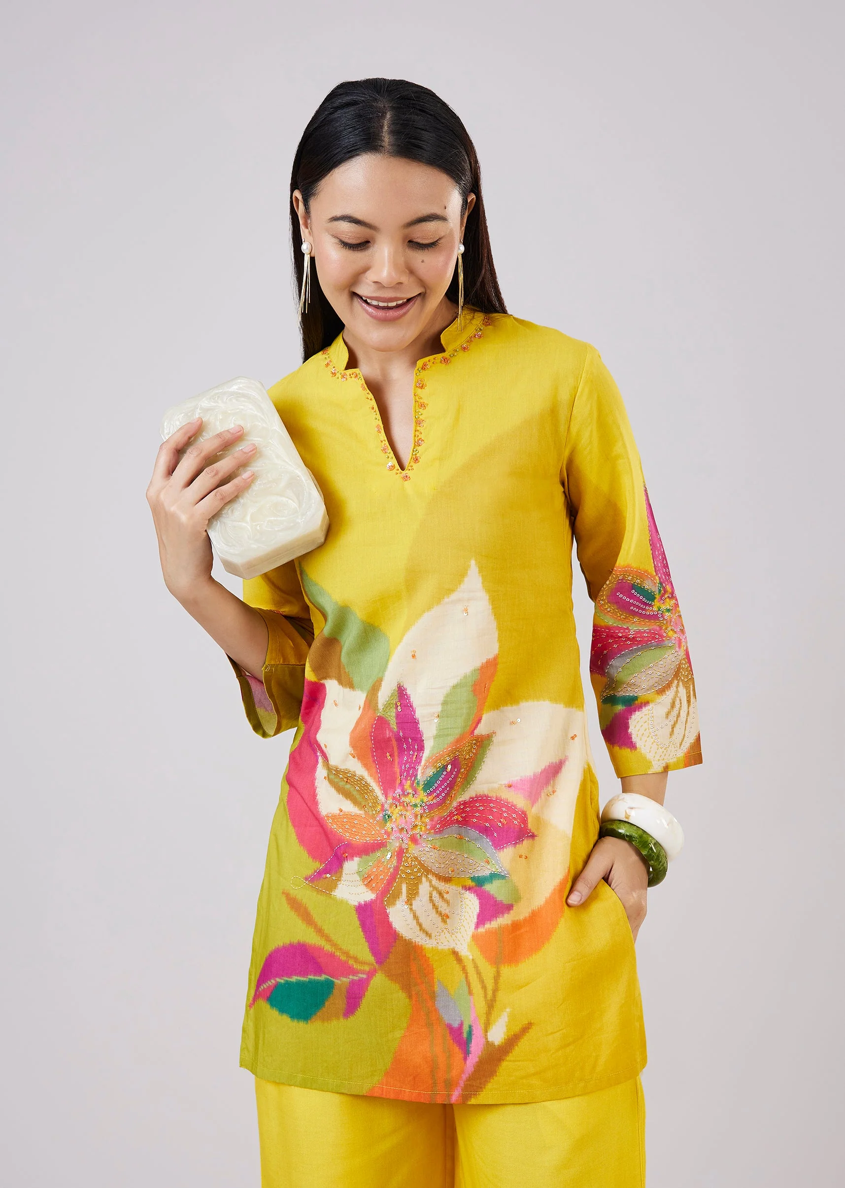 Yellow Cotton Coord Set With Hand Painted Work