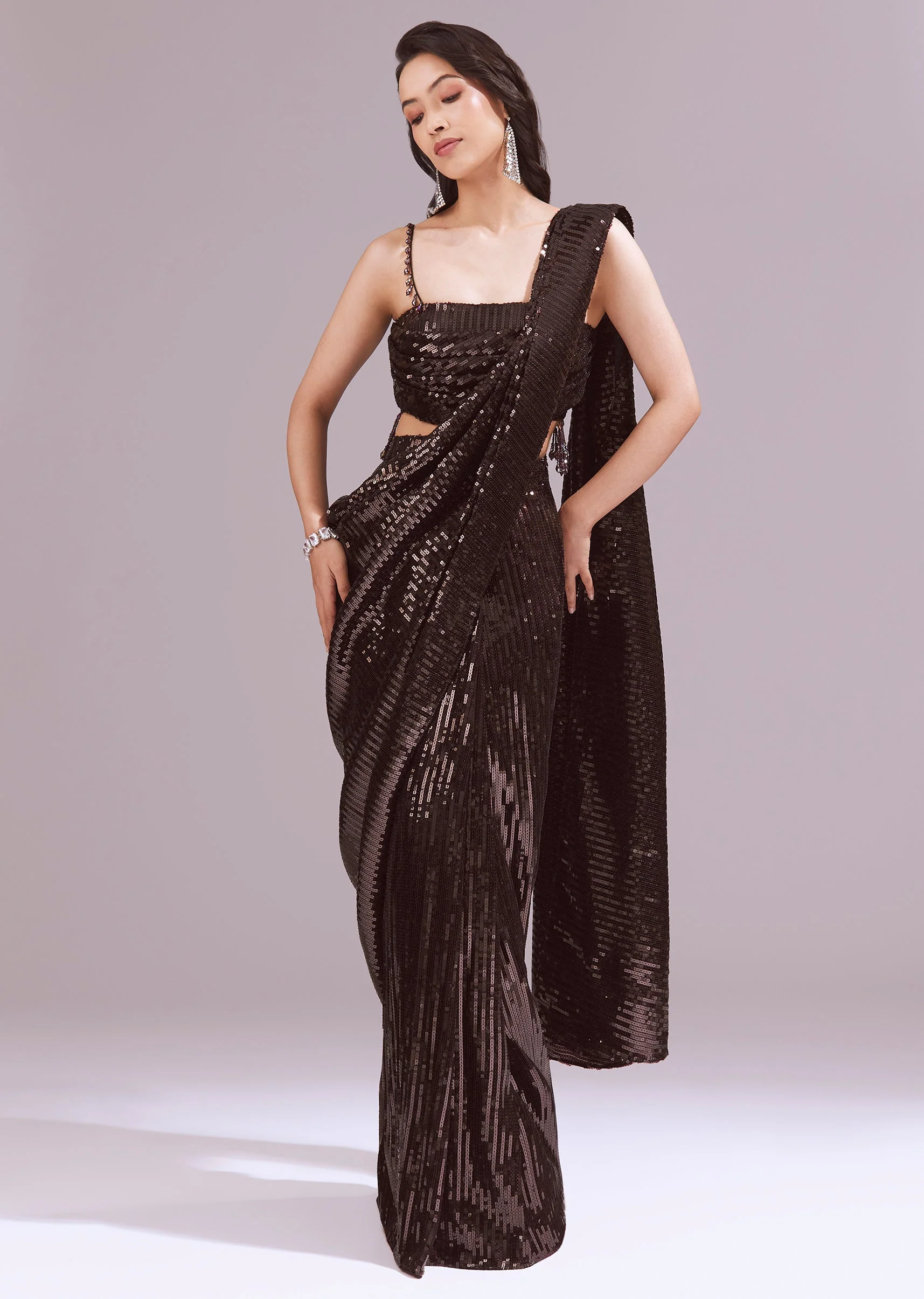 Maroon Ready Pleated Sequin Saree Set