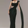 Green Satin Ready Pleated Indo Western Saree With Stone Detail Work