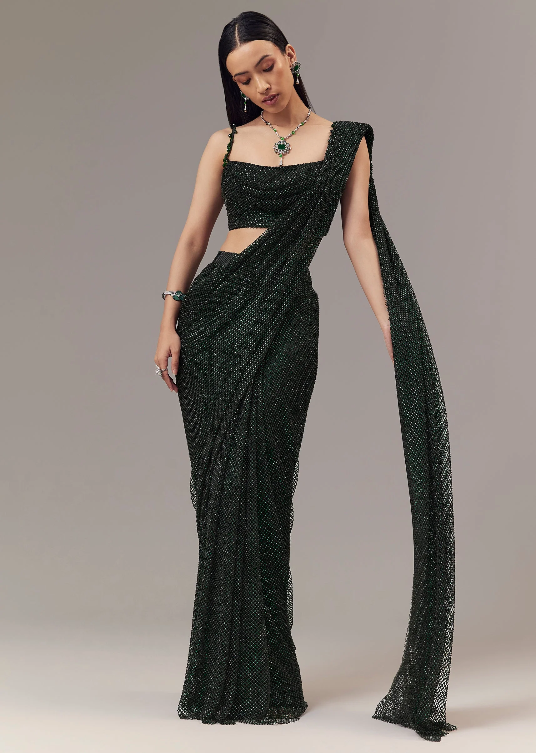 3237-green-satin-ready-pleated-indo-western-saree-with-stone-detail-work-1.webp Green Satin Ready Pleated Indo Western Saree With Stone Detail Work