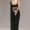 Green Satin Ready Pleated Indo Western Saree With Stone Detail Work