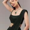 Green Satin Ready Pleated Indo Western Saree With Stone Detail Work