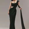 Green Satin Ready Pleated Indo Western Saree With Stone Detail Work