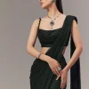 Green Satin Ready Pleated Indo Western Saree With Stone Detail Work