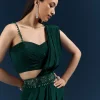 Bottle Green Crepe Ready Pleated Saree With Heavy Embroidery