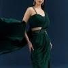 Bottle Green Crepe Ready Pleated Saree With Heavy Embroidery