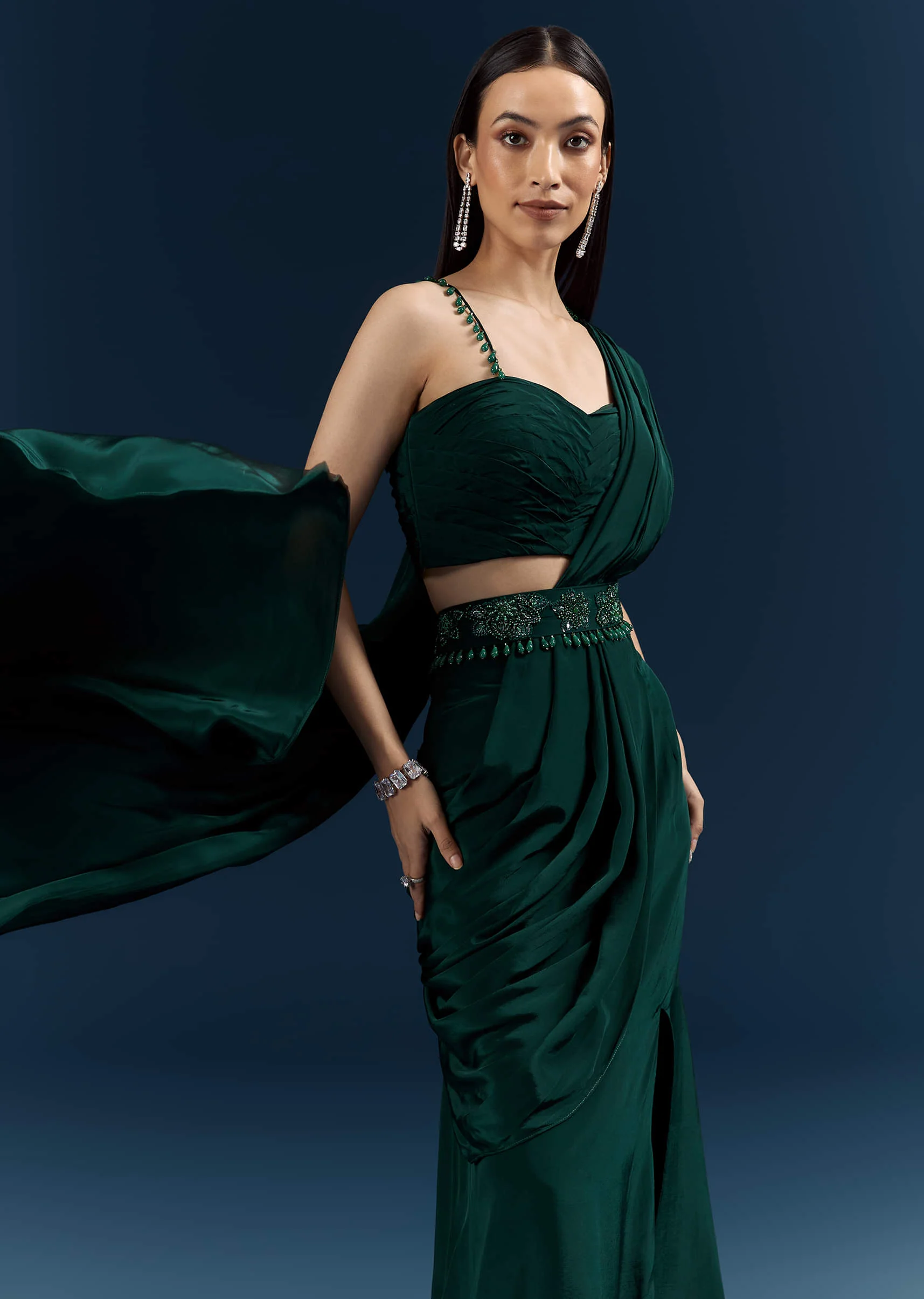 Bottle Green Crepe Ready Pleated Saree With Heavy Embroidery