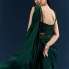 Bottle Green Crepe Ready Pleated Saree With Heavy Embroidery