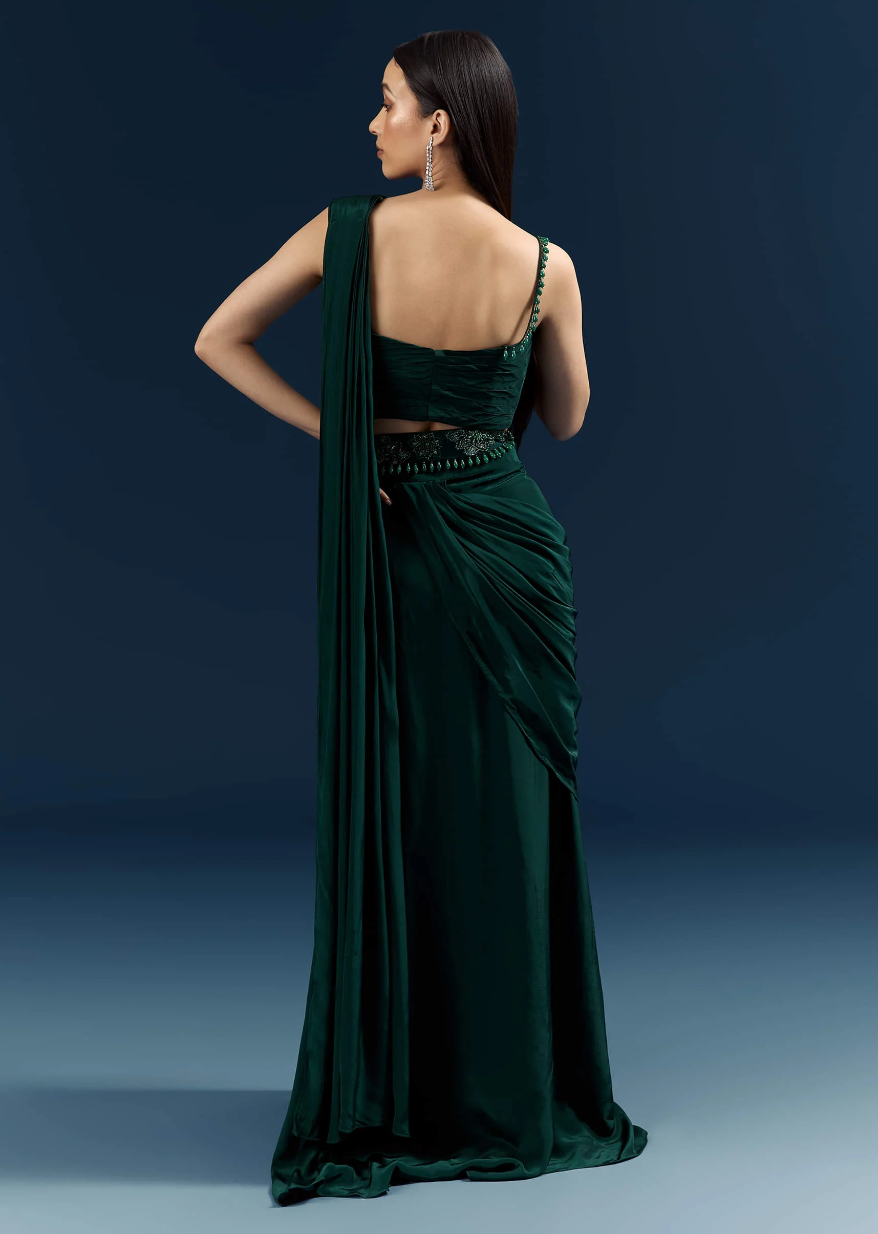 Bottle Green Crepe Ready Pleated Saree With Heavy Embroidery