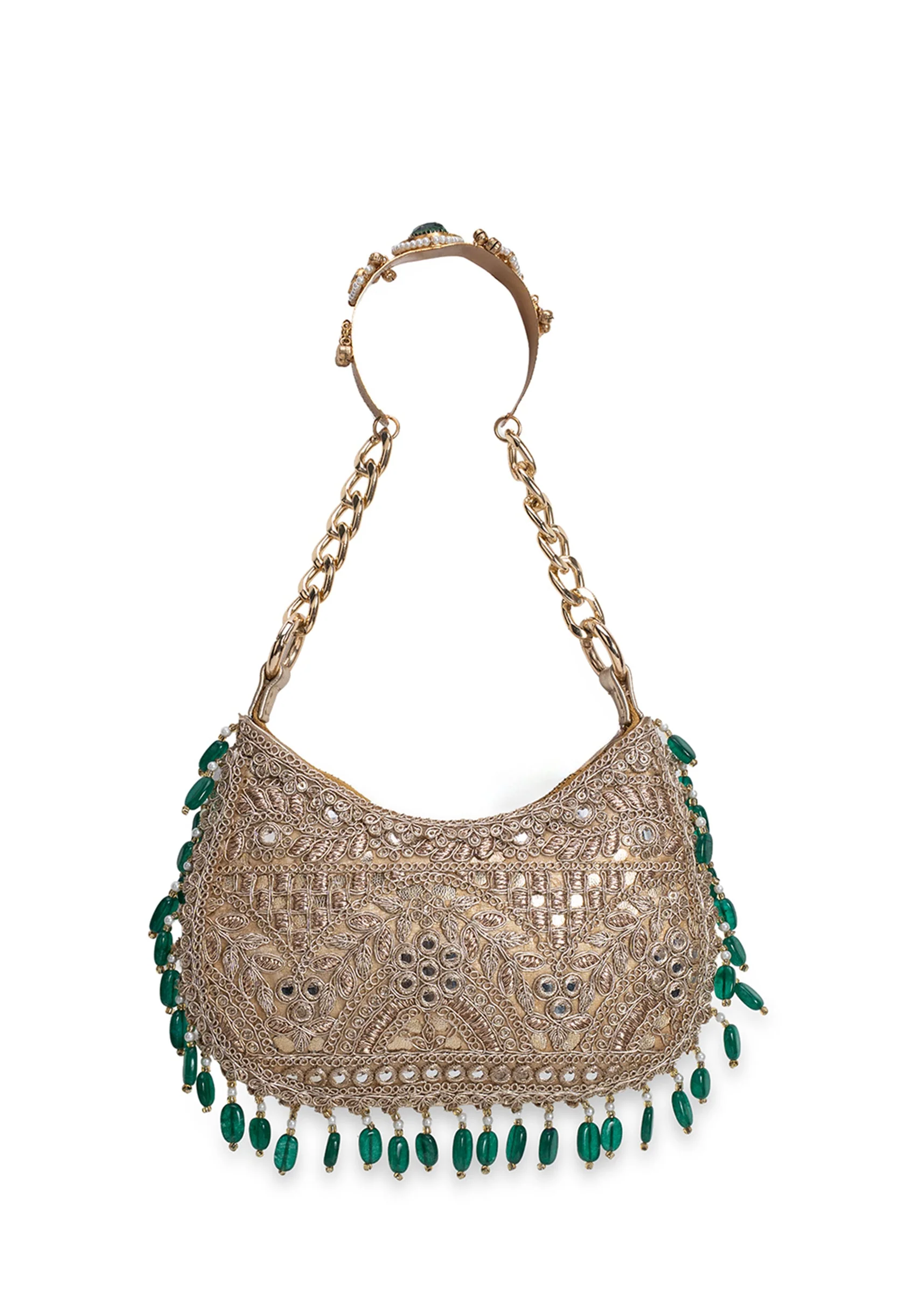 Gold And Green Embellished Handbag