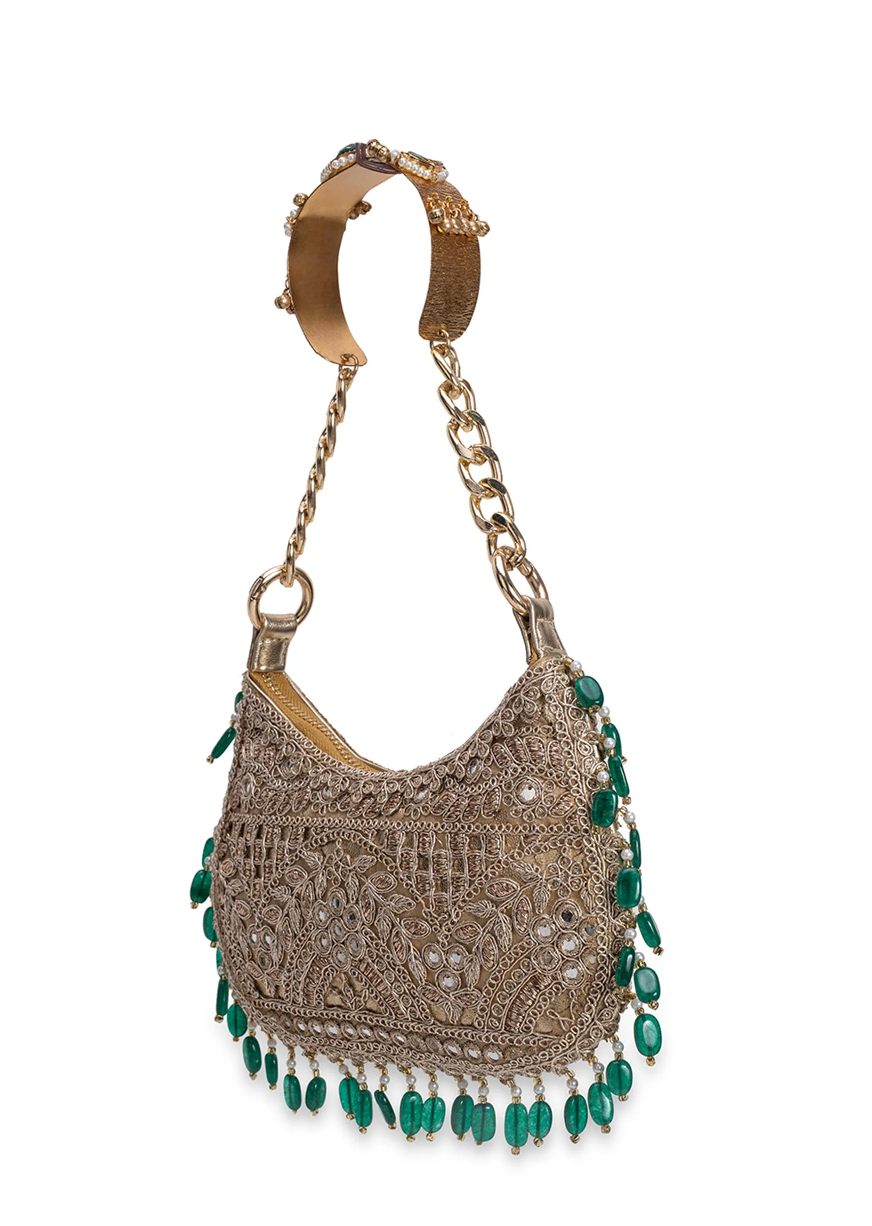 Gold And Green Embellished Handbag